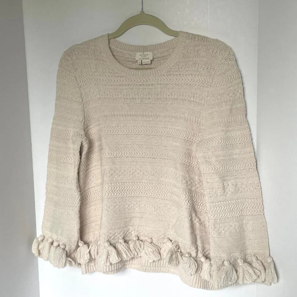 Kate Spade Womens Medium Beige Cotton Chunky Knit Sweater Pompom Hem Crewneck